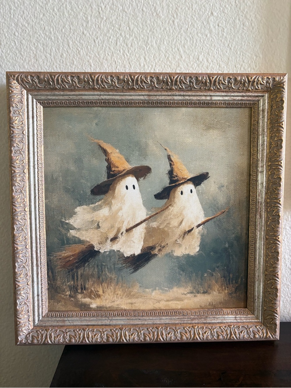 Halloween Ghosts on Broom Framed Wall Art - Neutral Tones